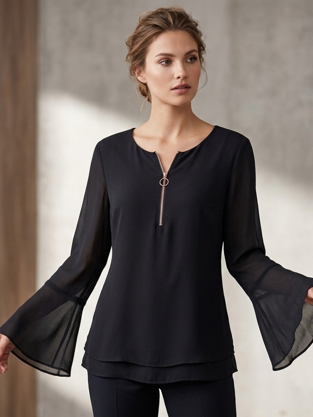 Reitmans Black Split Bell-Sleeve Zip Front Blouse Size L